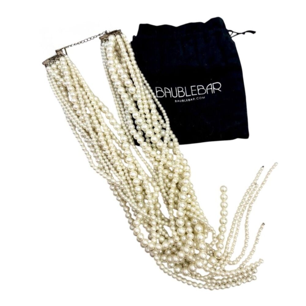 BaubleBar Multi-Strand Faux Pearl Statement Necklace Gold Tone + Pouch